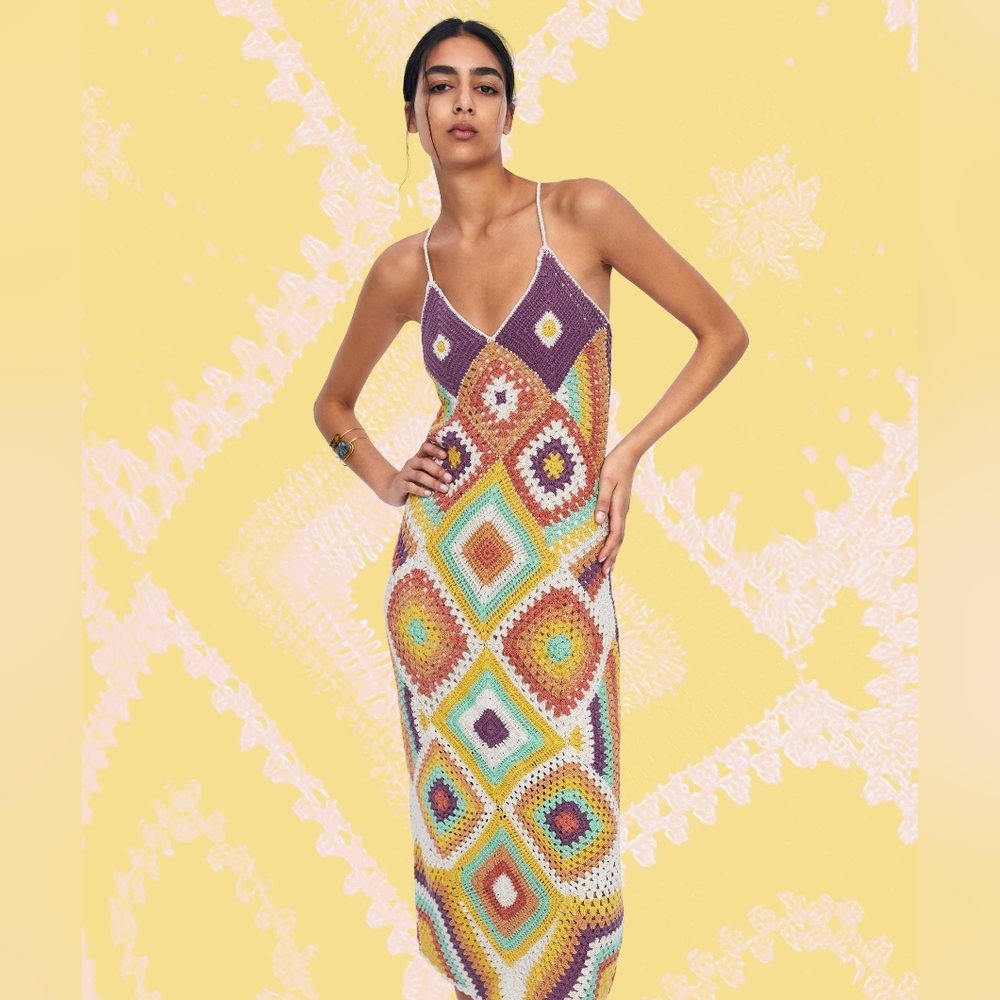 Zara Colorful Crochet Patchwork Midi Dress Boho Beach Sz M